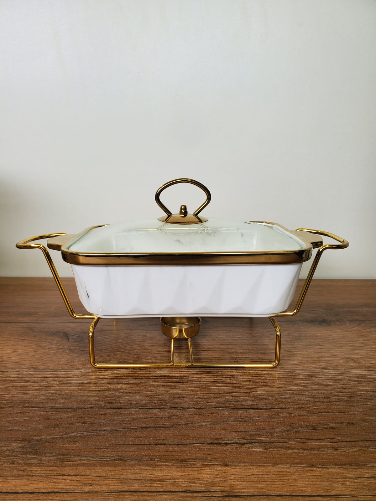 3-Piece White Diamond Pattern Ceramic Buffet Dish Set with Gold Stand (DLS-111)