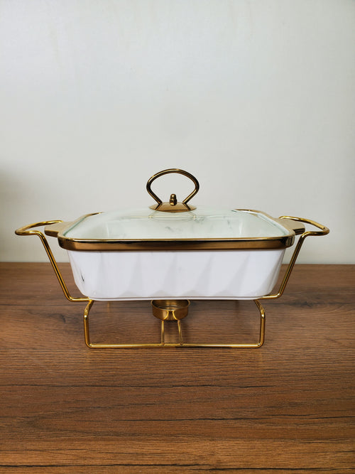 3-Piece White Diamond Pattern Ceramic Buffet Dish Set with Gold Stand (DLS-111)