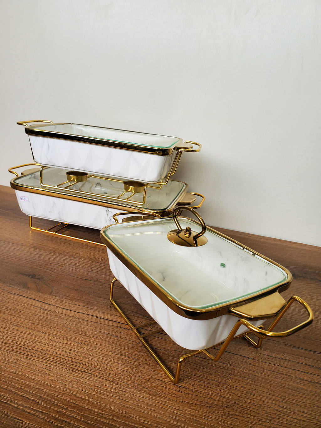 3-Piece White Diamond Pattern Ceramic Buffet Dish Set with Gold Stand (DLS-111)