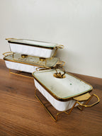 3-Piece White Diamond Pattern Ceramic Buffet Dish Set with Gold Stand (DLS-111)