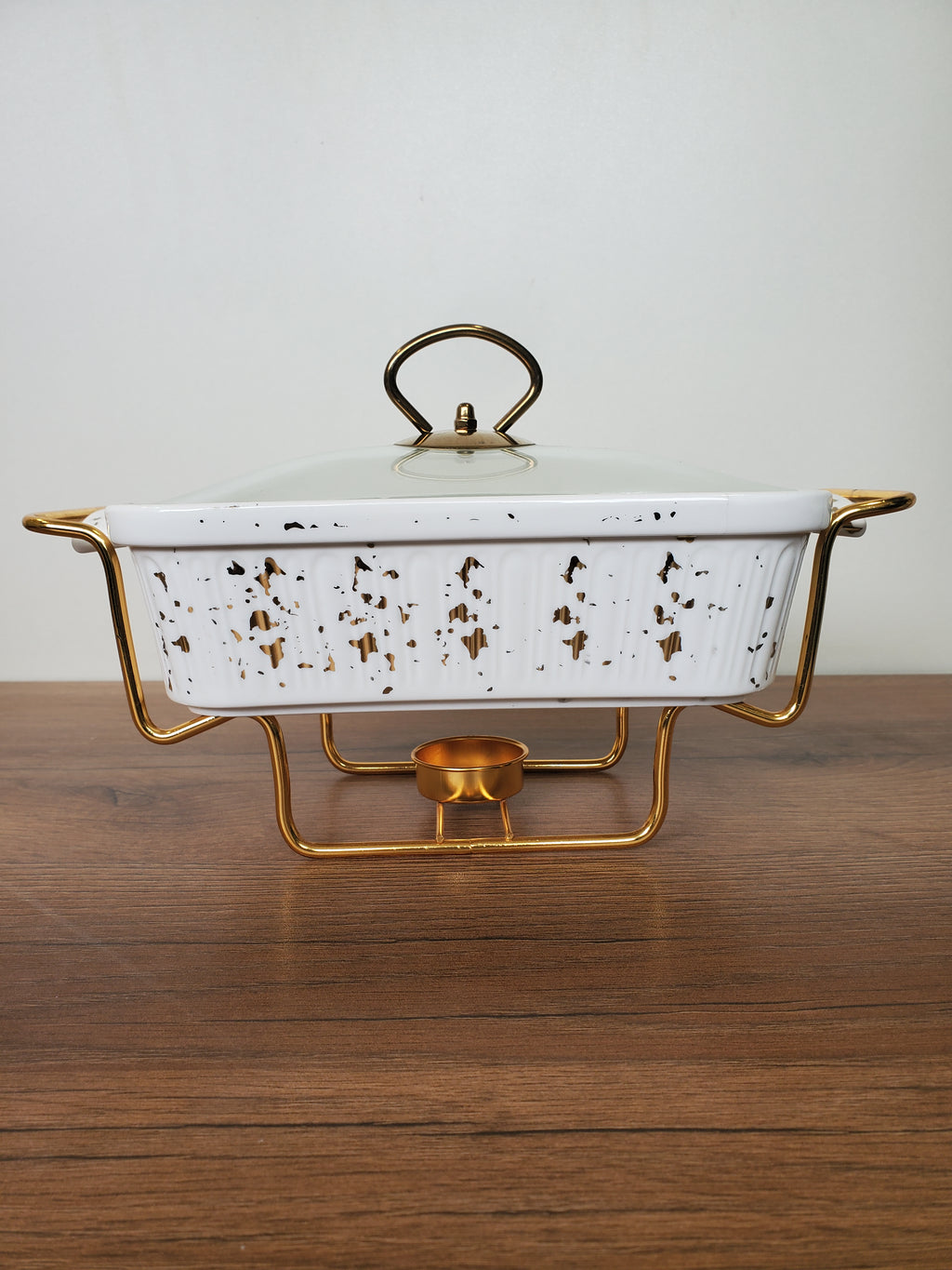 3-Piece White Speckled Ceramic Buffet Dish Set with Gold Stand (ML-870)