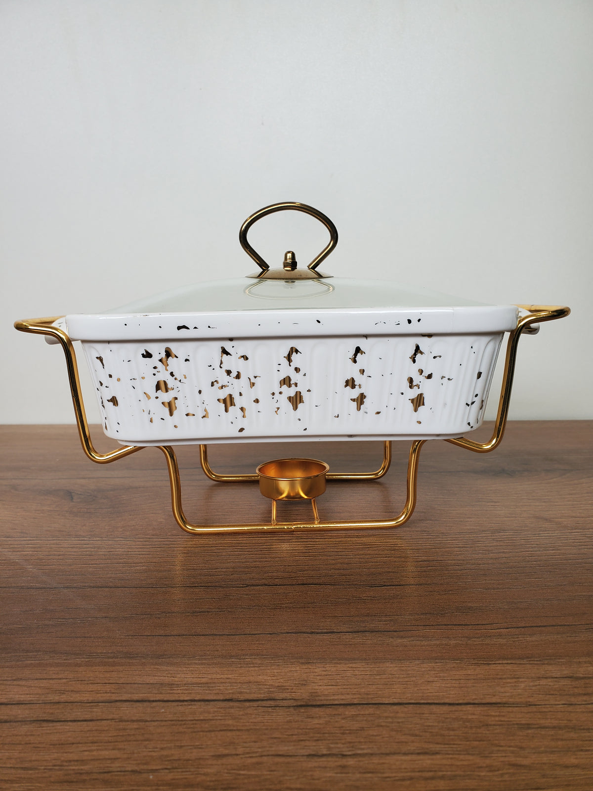 3-Piece White Speckled Ceramic Buffet Dish Set with Gold Stand (ML-870)