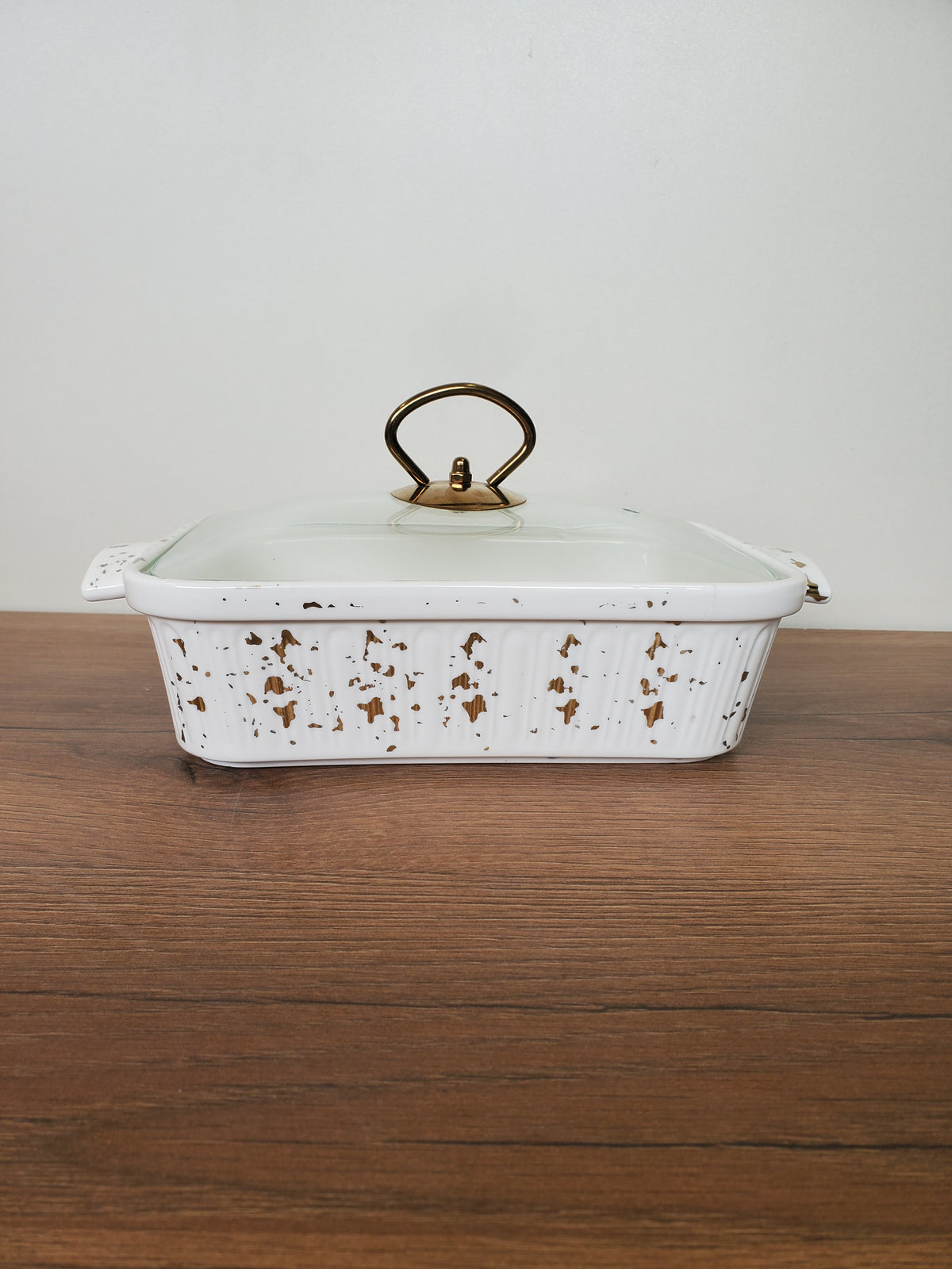 3-Piece White Speckled Ceramic Buffet Dish Set with Gold Stand (ML-870)