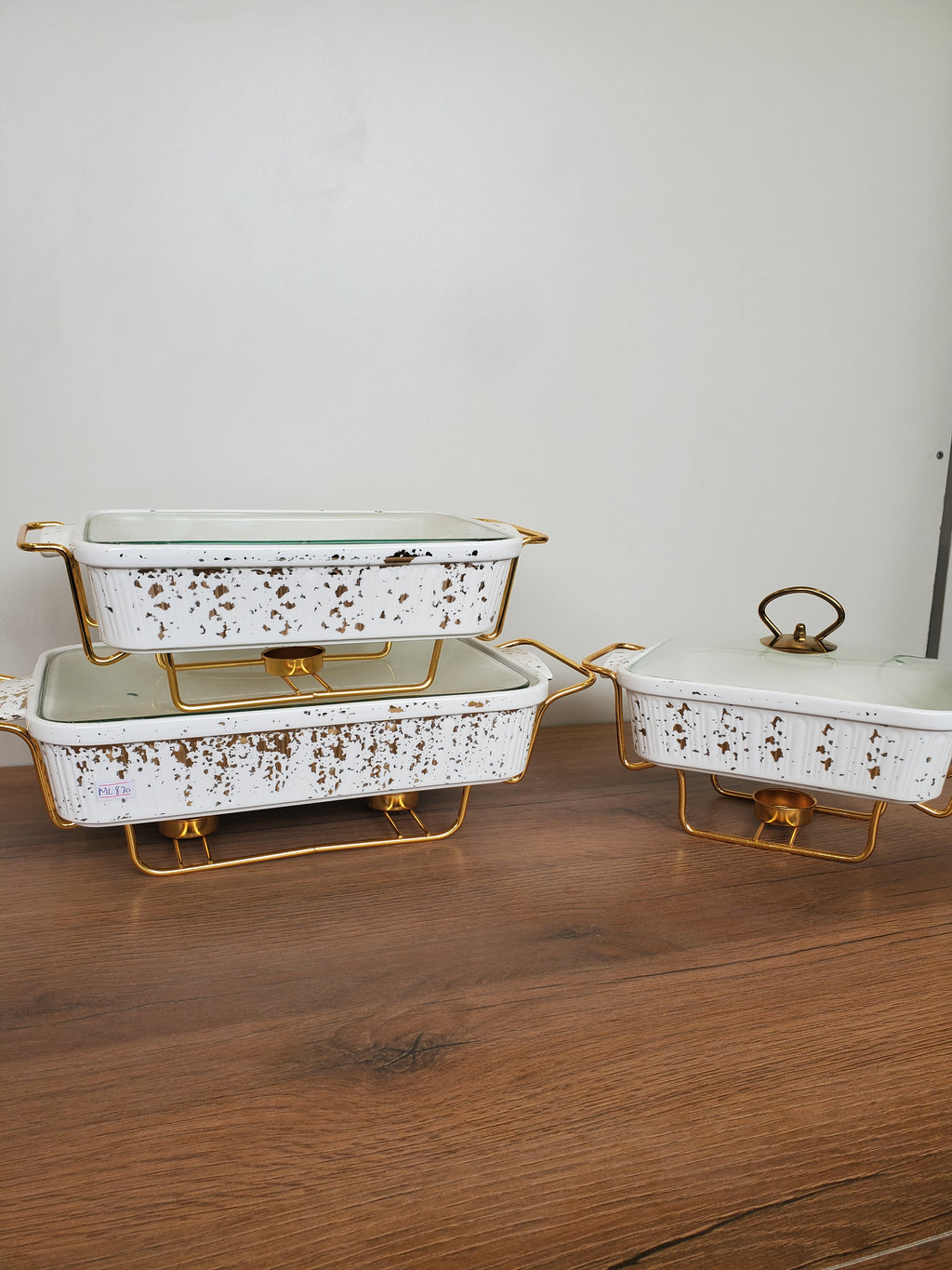 3-Piece White Speckled Ceramic Buffet Dish Set with Gold Stand (ML-870)