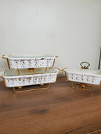 3-Piece White Speckled Ceramic Buffet Dish Set with Gold Stand (ML-870)