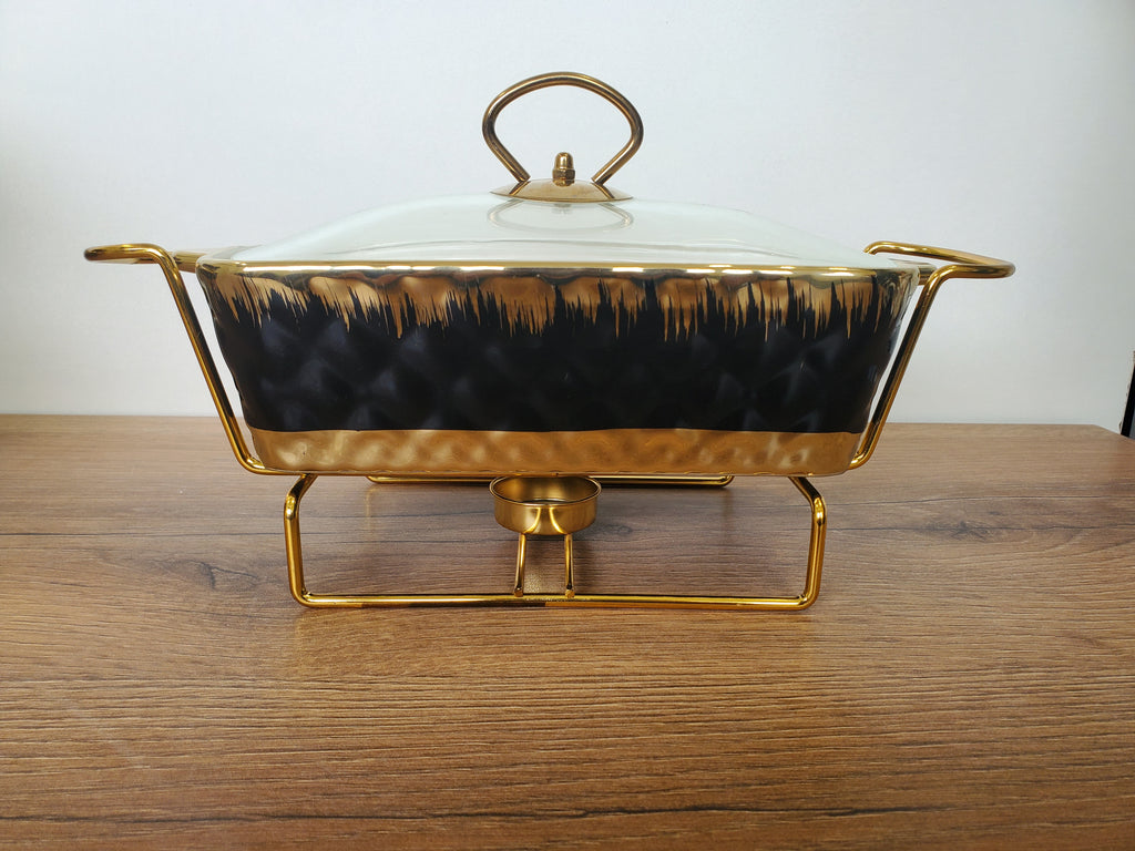 3-Piece Black Diamond Pattern Ceramic Buffet Dish Set with Gold Stand (MH-559)