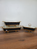 3-Piece Black Diamond Pattern Ceramic Buffet Dish Set with Gold Stand (MH-559)