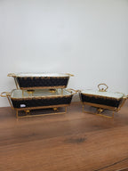 3-Piece Black Diamond Pattern Ceramic Buffet Dish Set with Gold Stand (MH-559)