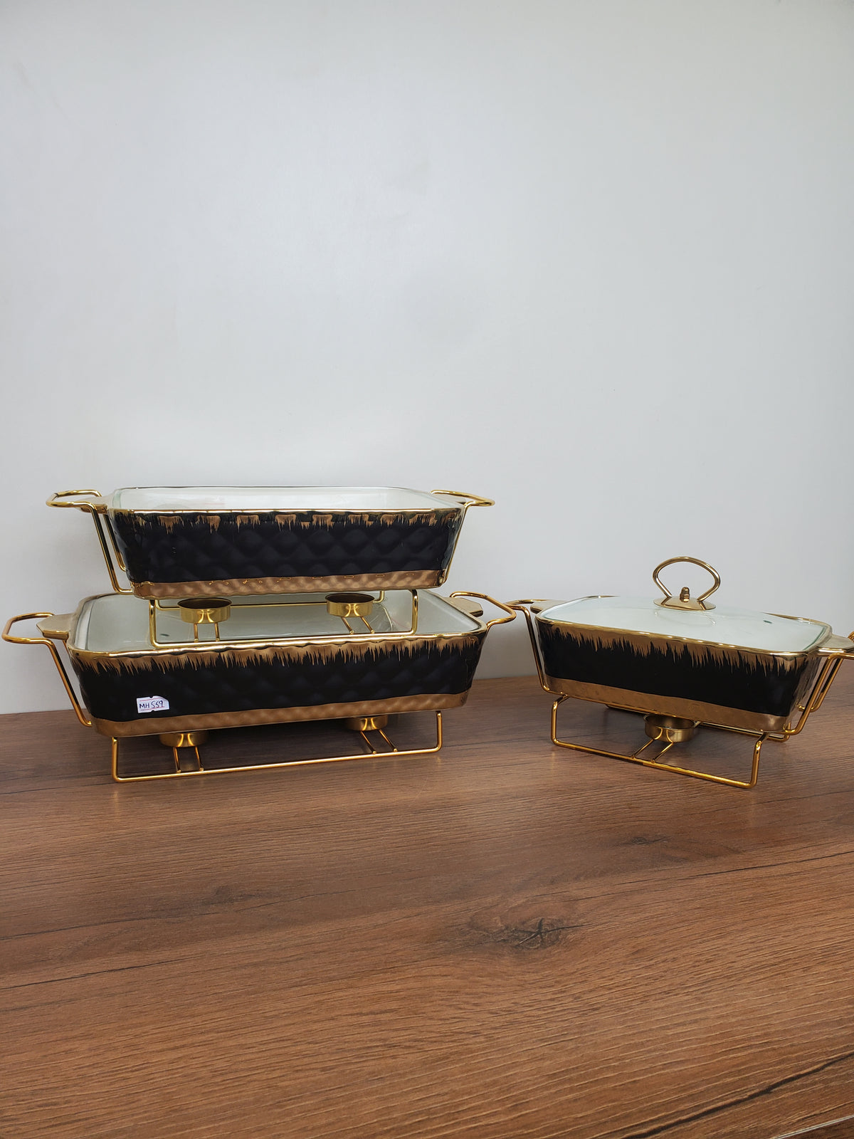 3-Piece Black Diamond Pattern Ceramic Buffet Dish Set with Gold Stand (MH-559)