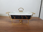 3-Piece Black Marble Ceramic Buffet Dish Set with Gold Stand (MH-610)