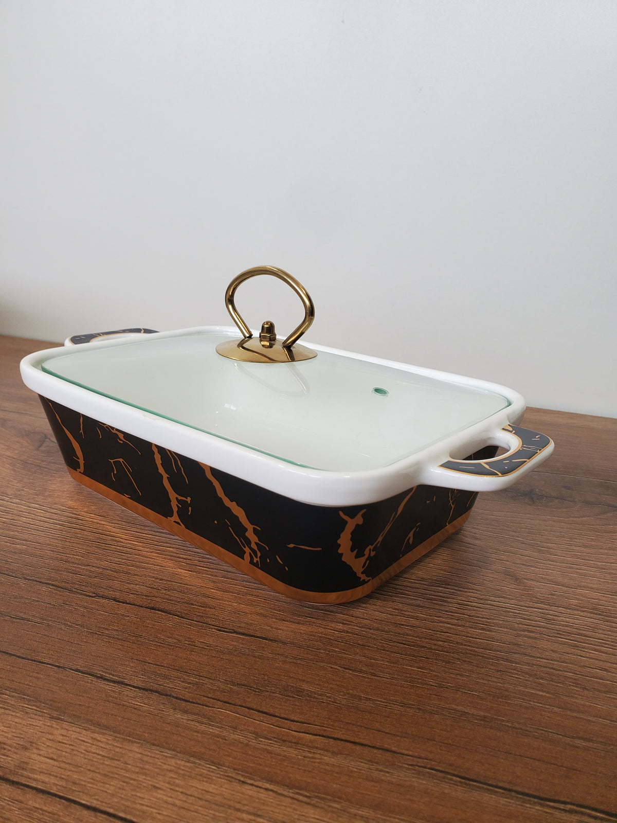 3-Piece Black Marble Ceramic Buffet Dish Set with Gold Stand (MH-610)