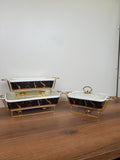 3-Piece Black Marble Ceramic Buffet Dish Set with Gold Stand (MH-610)