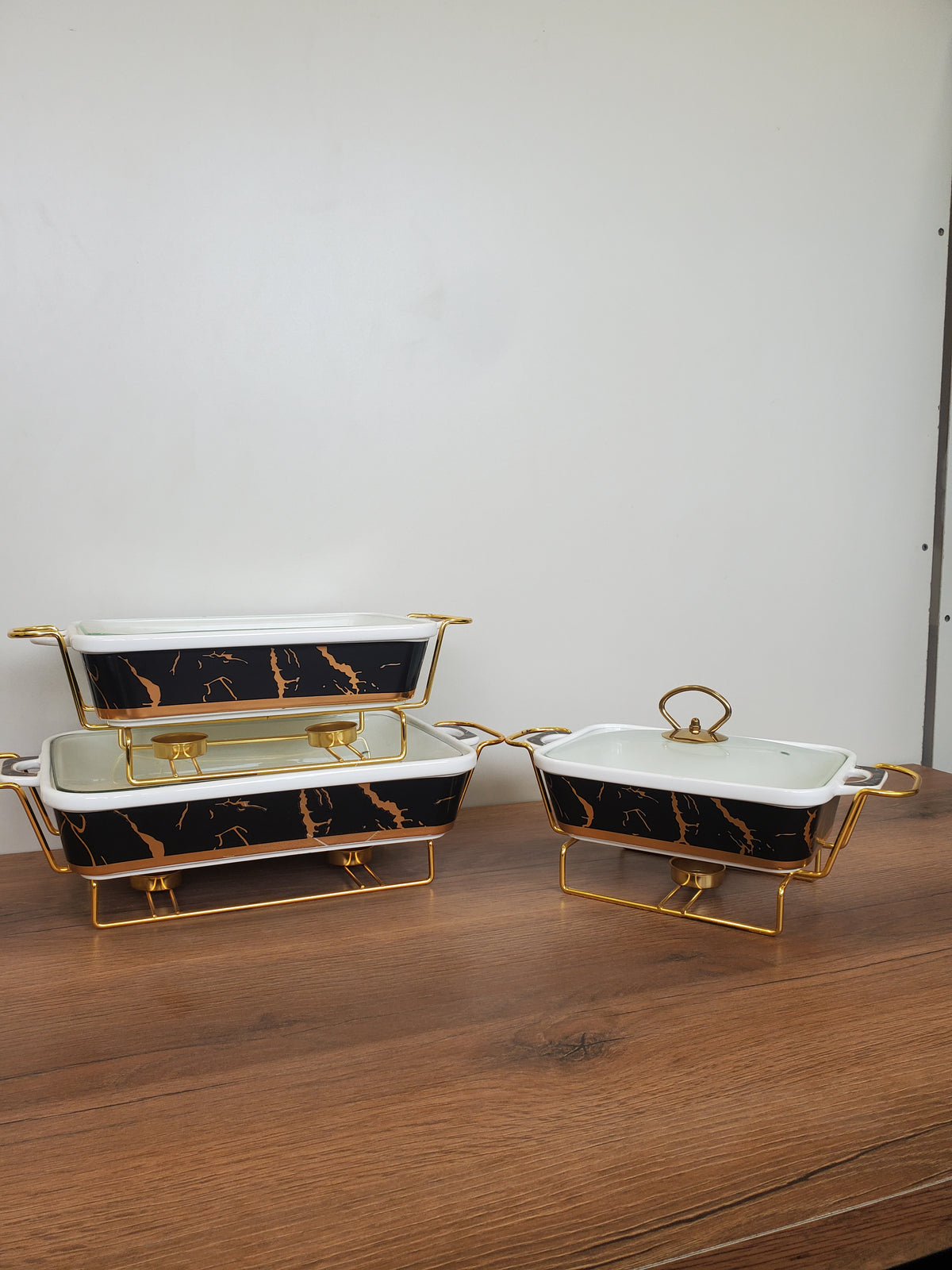 3-Piece Black Marble Ceramic Buffet Dish Set with Gold Stand (MH-610)