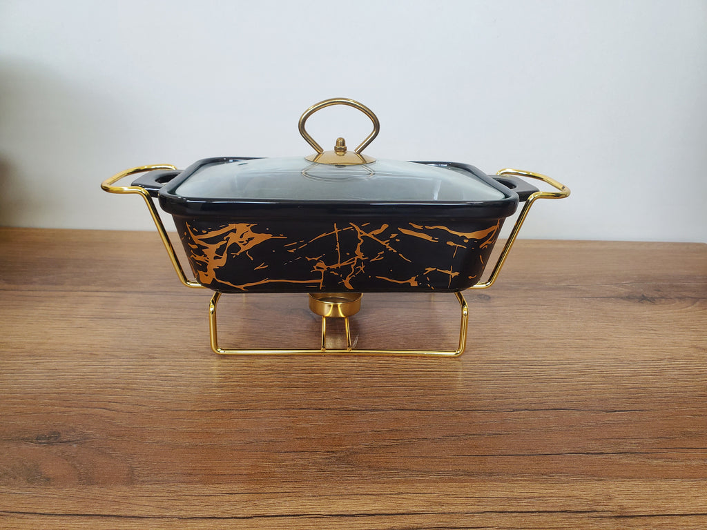 3-Piece Black Marble Gold Vein Ceramic Buffet Dish Set with Gold Stand (HLJ-111)