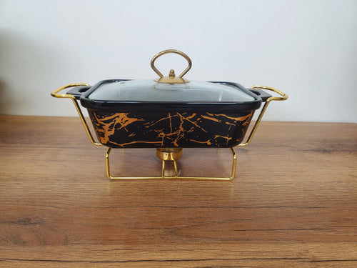 3-Piece Black Marble Gold Vein Ceramic Buffet Dish Set with Gold Stand (HLJ-111)