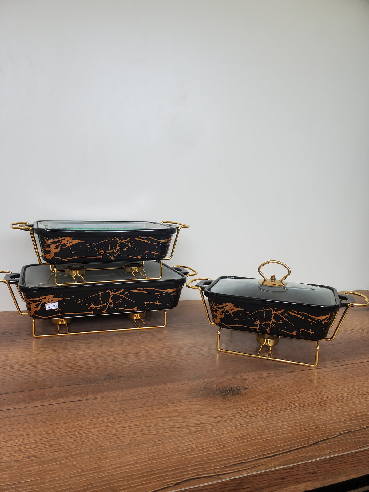 3-Piece Black Marble Gold Vein Ceramic Buffet Dish Set with Gold Stand (HLJ-111)