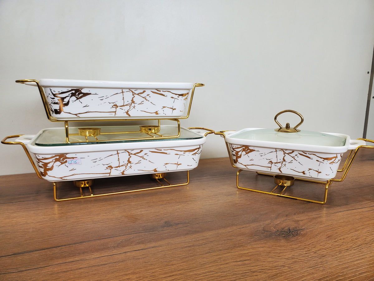 3-Piece White Marble Ceramic Buffet Dish Set with Gold Stand (LJ-115)