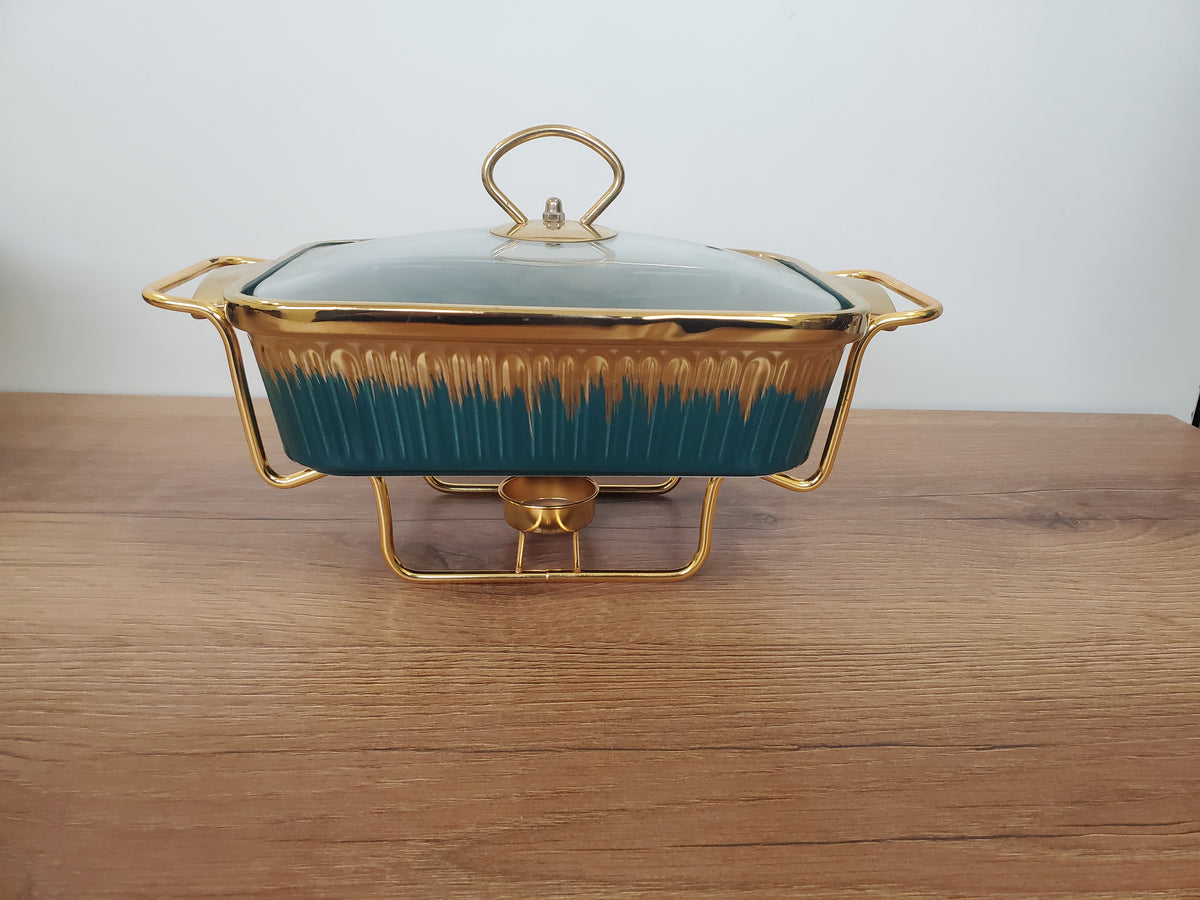 3-Piece Emerald Green Ribbed Ceramic Buffet Dish Set with Gold Stand (ML-864)
