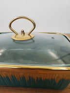 3-Piece Emerald Green Ribbed Ceramic Buffet Dish Set with Gold Stand (ML-864)