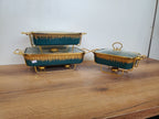 3-Piece Emerald Green Ribbed Ceramic Buffet Dish Set with Gold Stand (ML-864)
