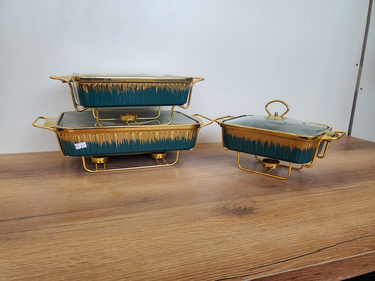 3-Piece Emerald Green Ribbed Ceramic Buffet Dish Set with Gold Stand (ML-864)