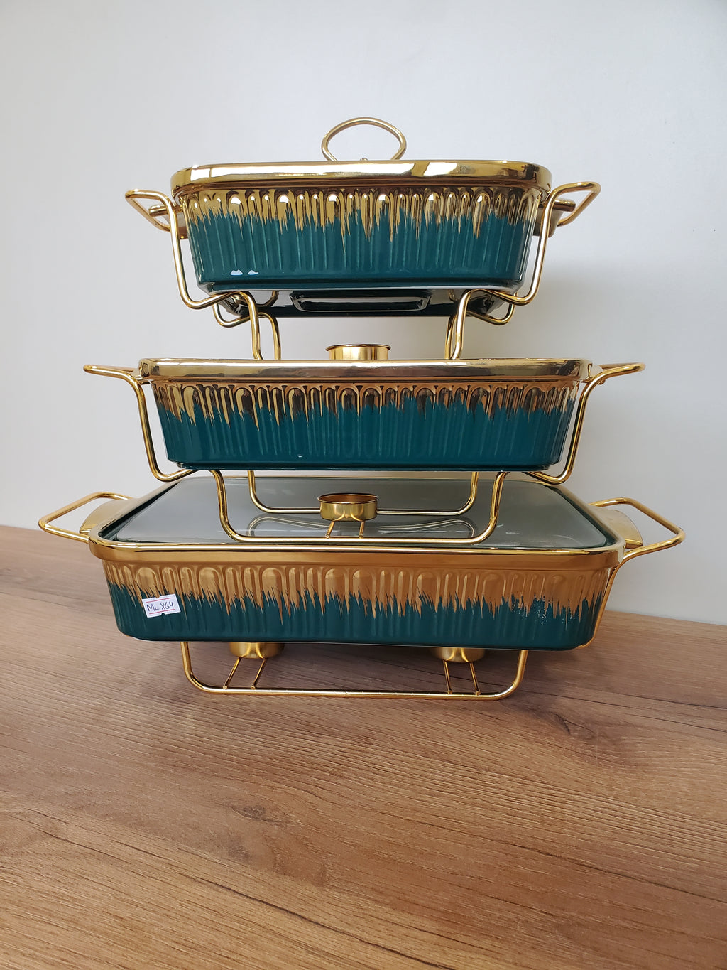 3-Piece Emerald Green Ribbed Ceramic Buffet Dish Set with Gold Stand (ML-864)