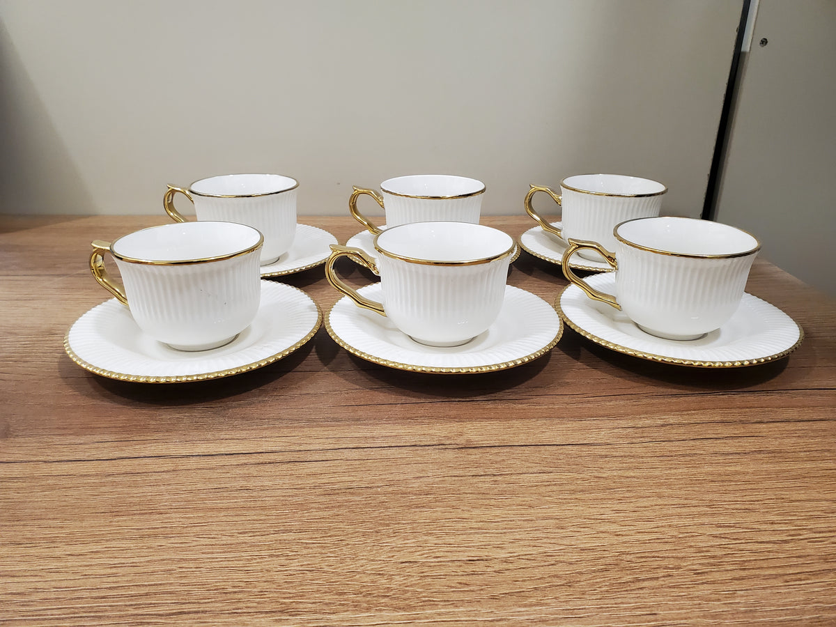 6+6 GGK Cups & Saucers Set White & Gold Classic Design (YH-082)