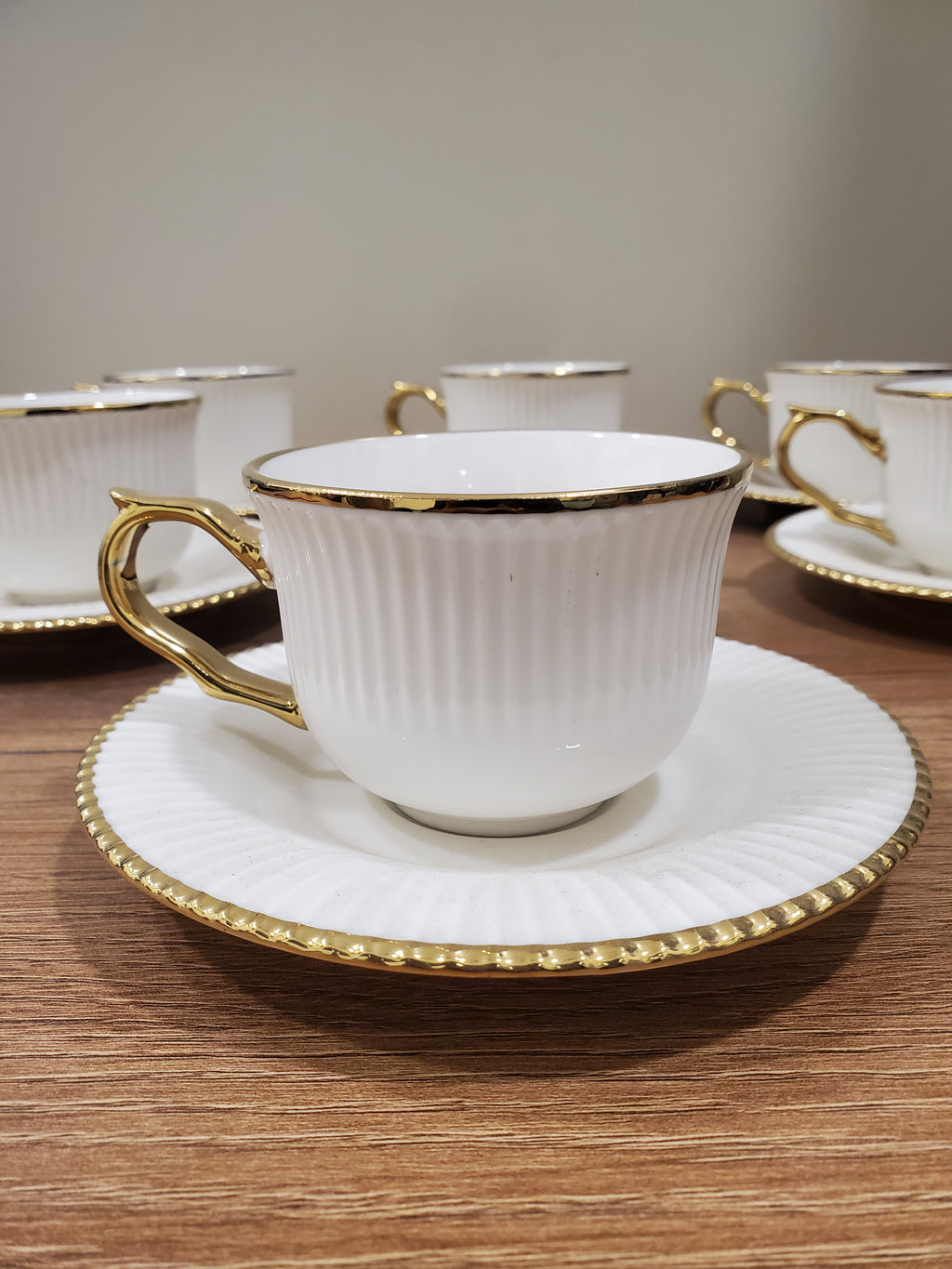 6+6 GGK Cups & Saucers Set White & Gold Classic Design (YH-082)