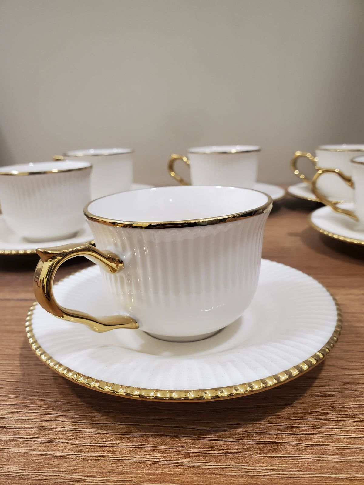 6+6 GGK Cups & Saucers Set White & Gold Classic Design (YH-082)