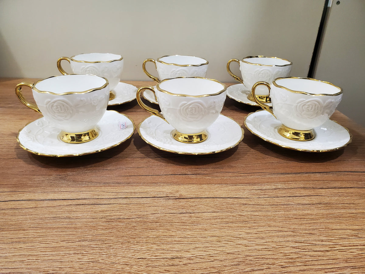 6+6 GGK Cups & Saucers Set White & Gold Premium Design (YH-084)