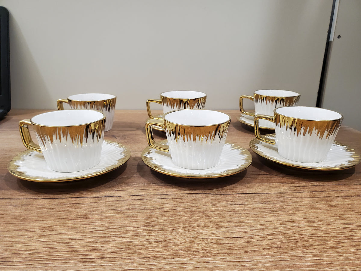 6+6 GGK Cups & Saucers Set White & Gold Square Design (YH-081)