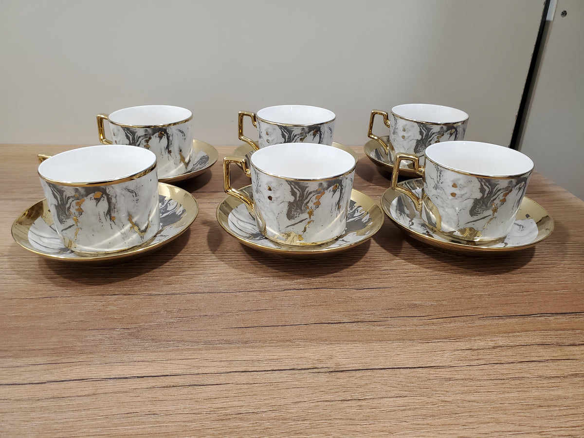 6-Piece Marble Ceramic Cup & Saucer Set Gray (10-7)