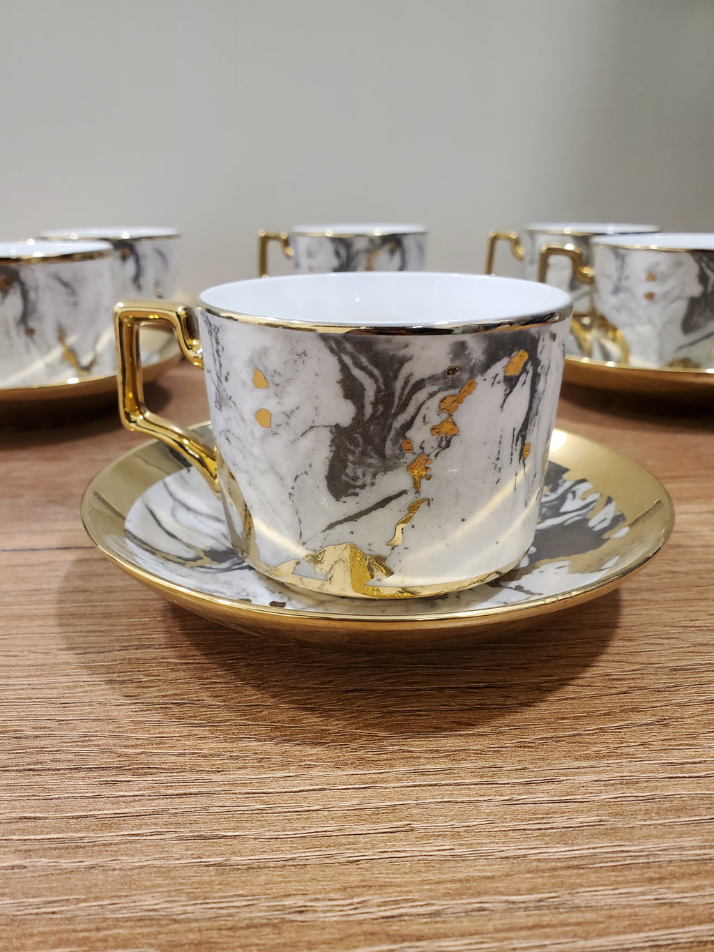 6-Piece Marble Ceramic Cup & Saucer Set Gray (10-7)