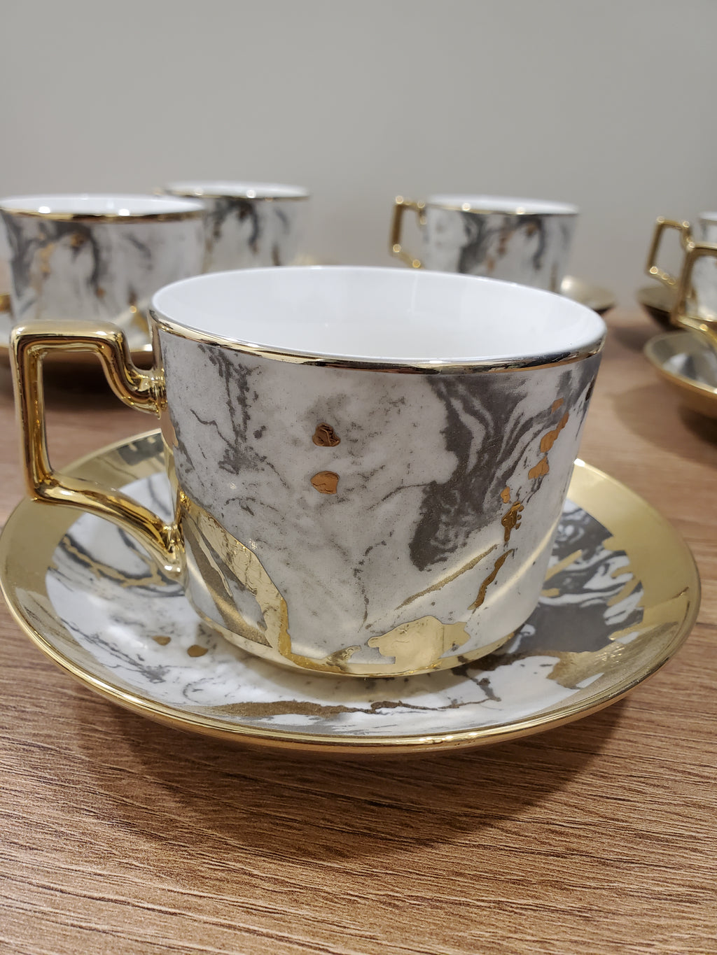 6-Piece Marble Ceramic Cup & Saucer Set Gray (10-7)