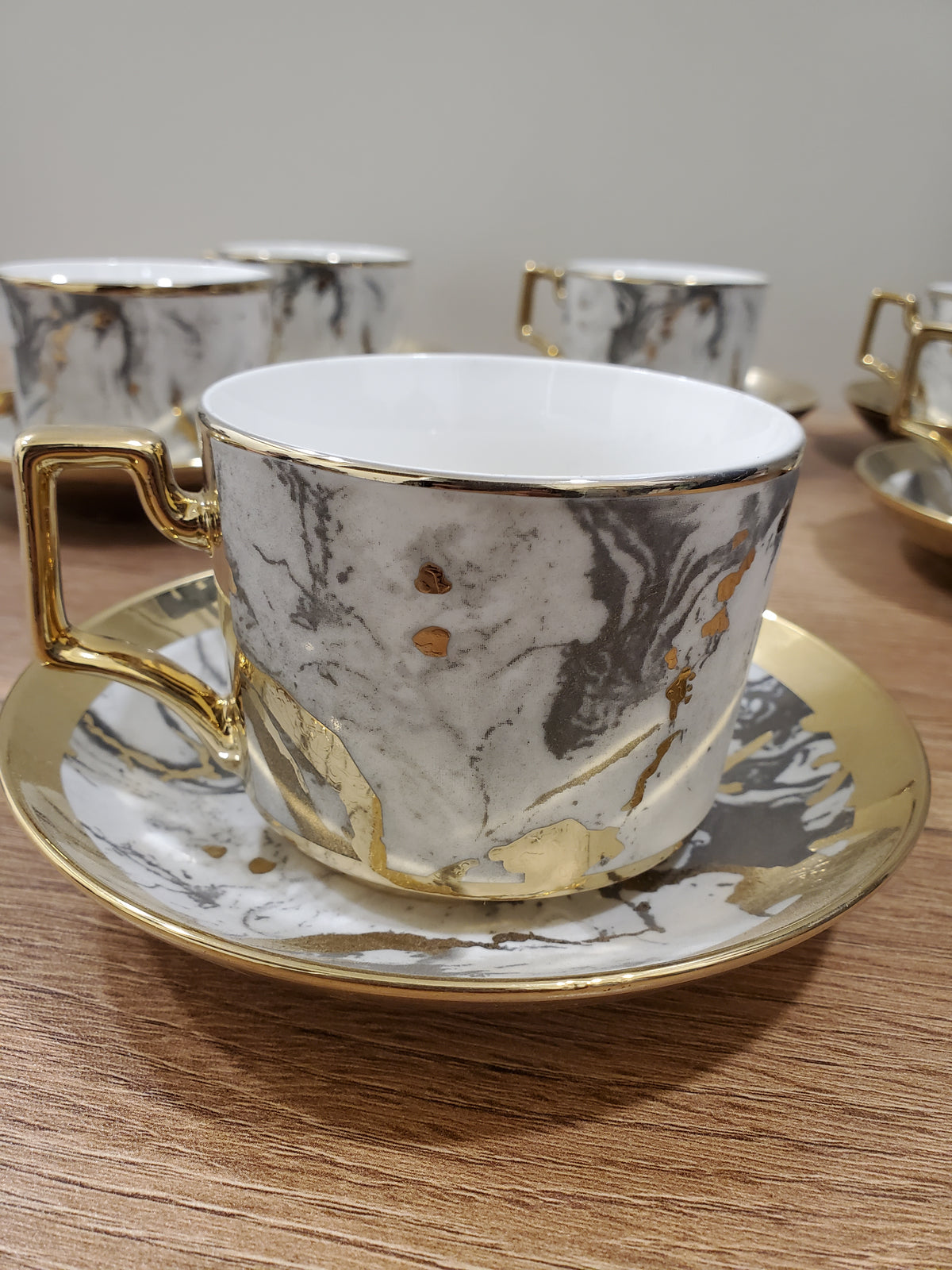 6-Piece Marble Ceramic Cup & Saucer Set Gray (10-7)