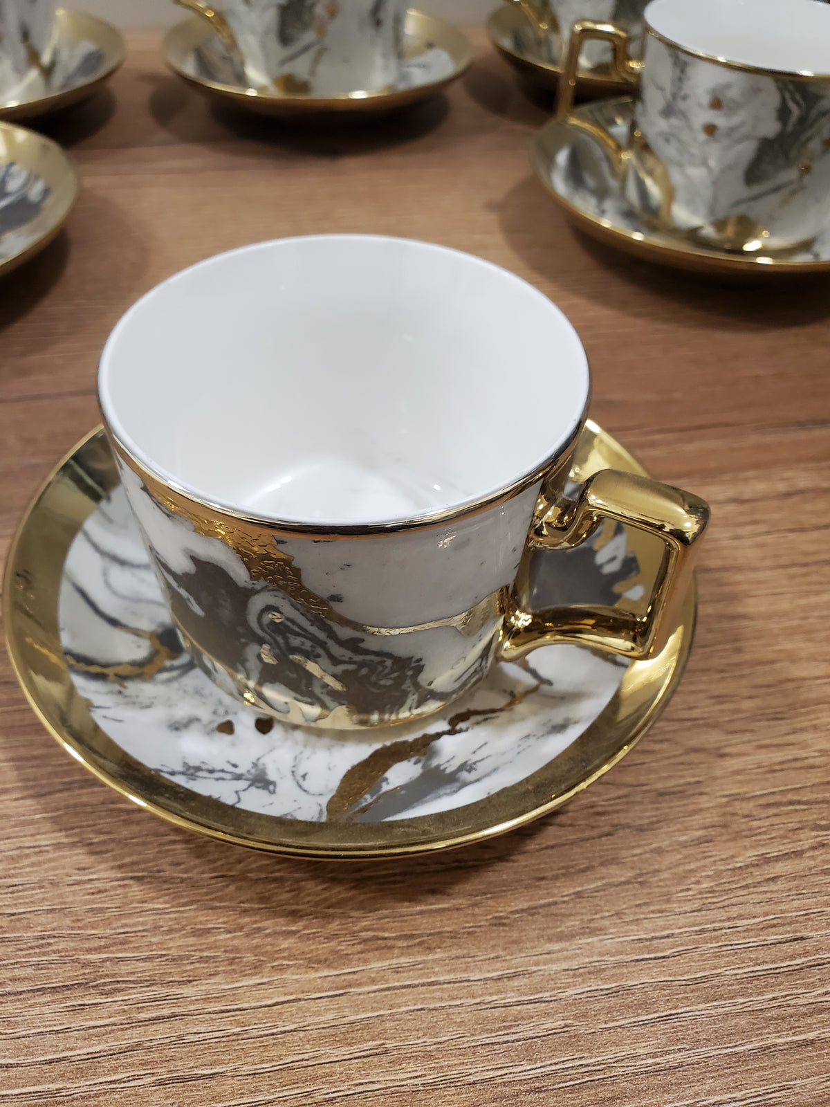 6-Piece Marble Ceramic Cup & Saucer Set Gray (10-7)