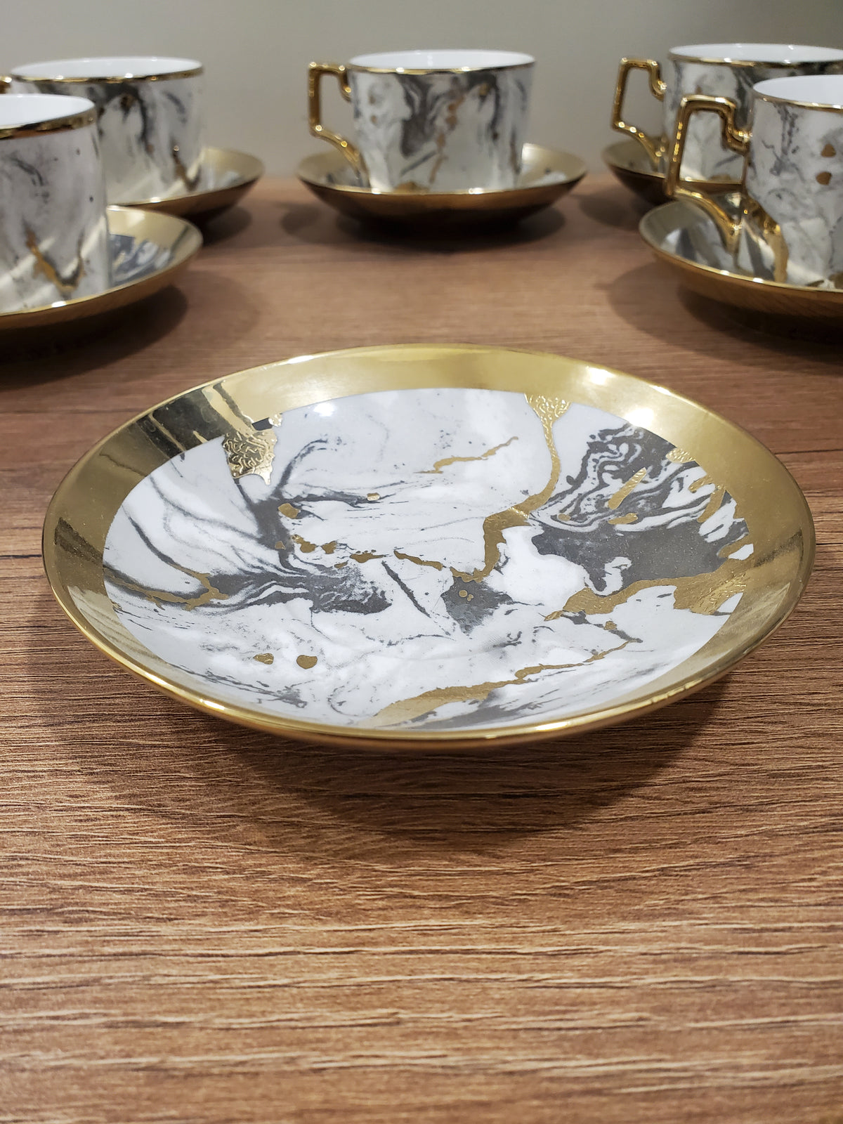 6-Piece Marble Ceramic Cup & Saucer Set Gray (10-7)