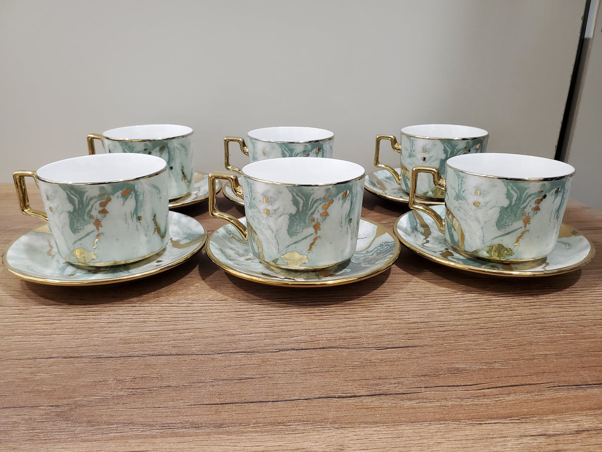 6-Piece Marble Ceramic Cup & Saucer Set Green (10-5)