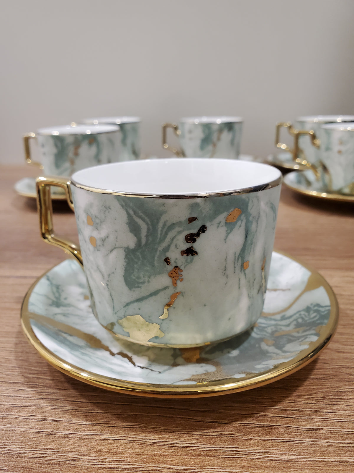 6-Piece Marble Ceramic Cup & Saucer Set Green (10-5)