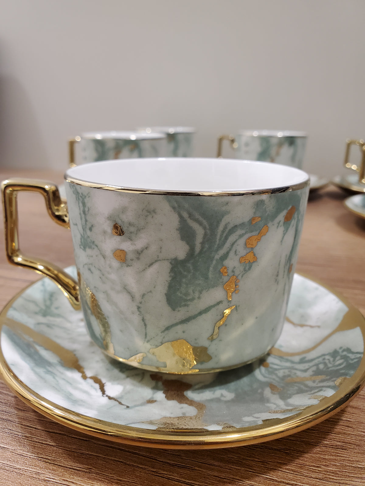 6-Piece Marble Ceramic Cup & Saucer Set Green (10-5)