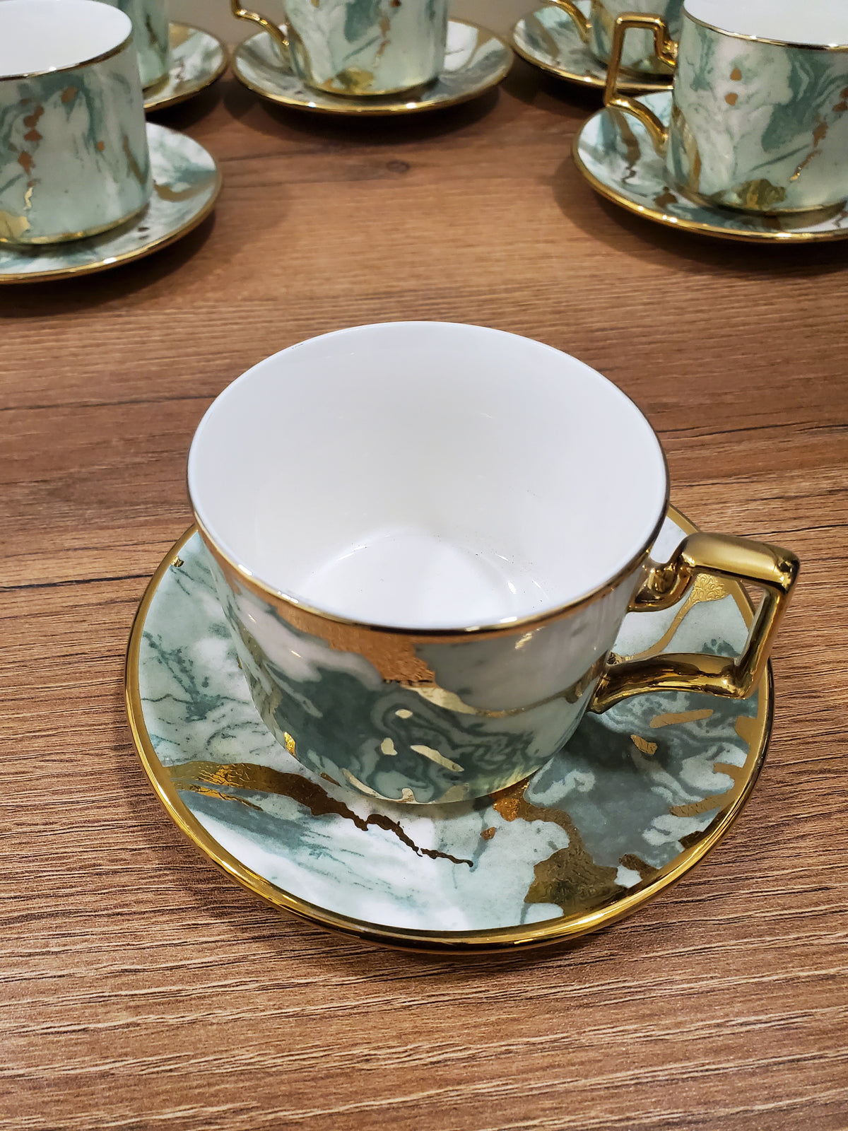 6-Piece Marble Ceramic Cup & Saucer Set Green (10-5)