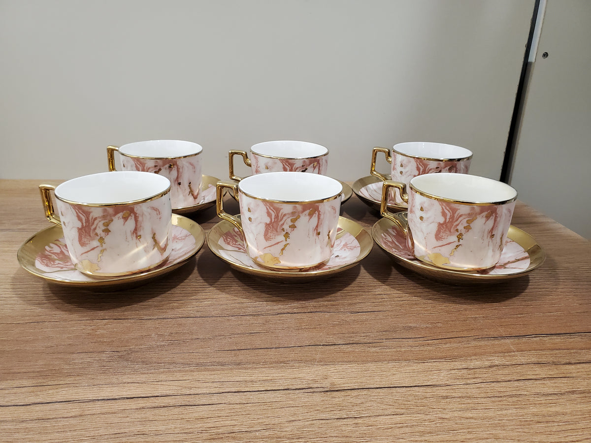 6-Piece Marble Ceramic Cup & Saucer Set Pink (10-8)