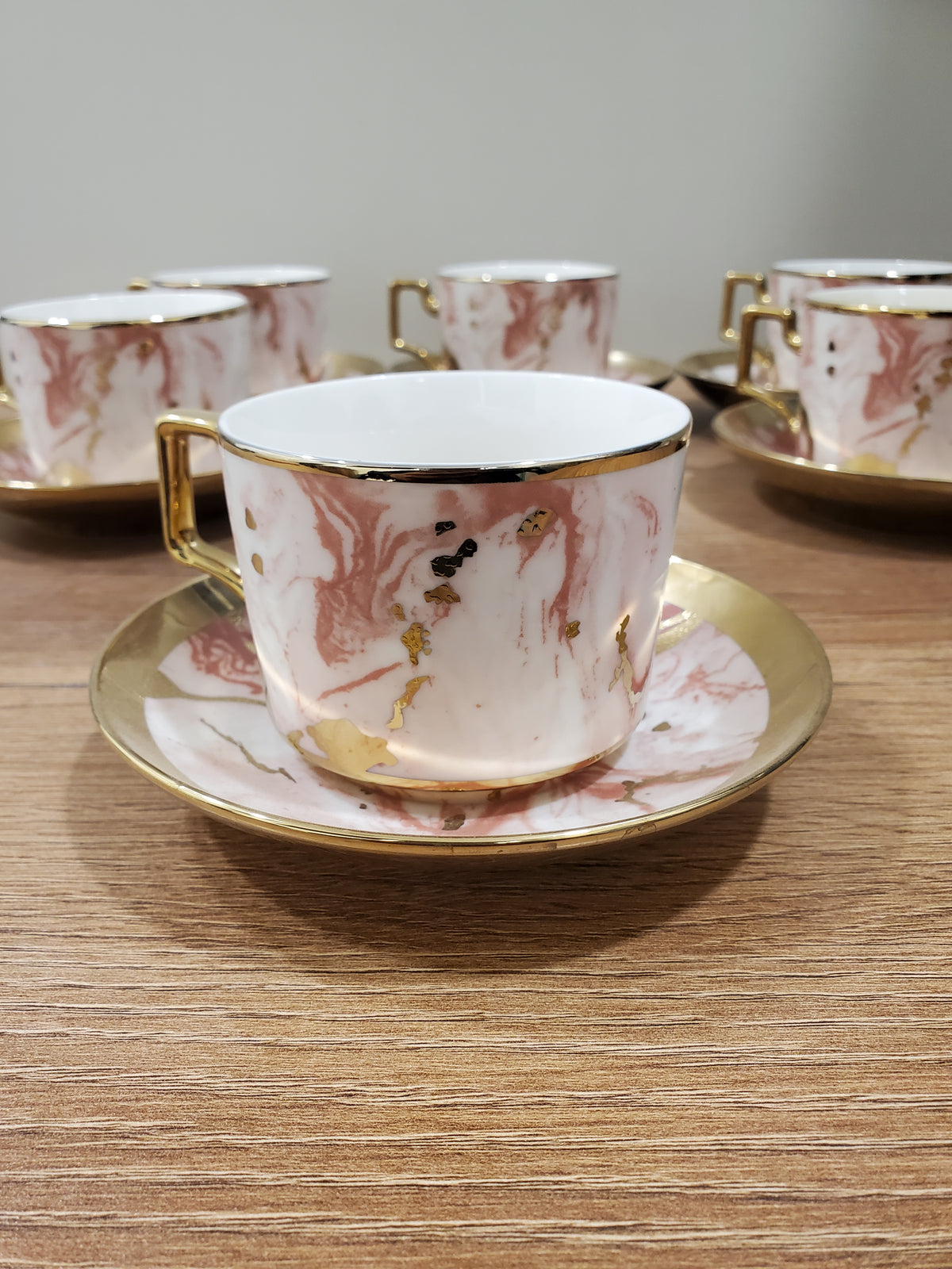 6-Piece Marble Ceramic Cup & Saucer Set Pink (10-8)