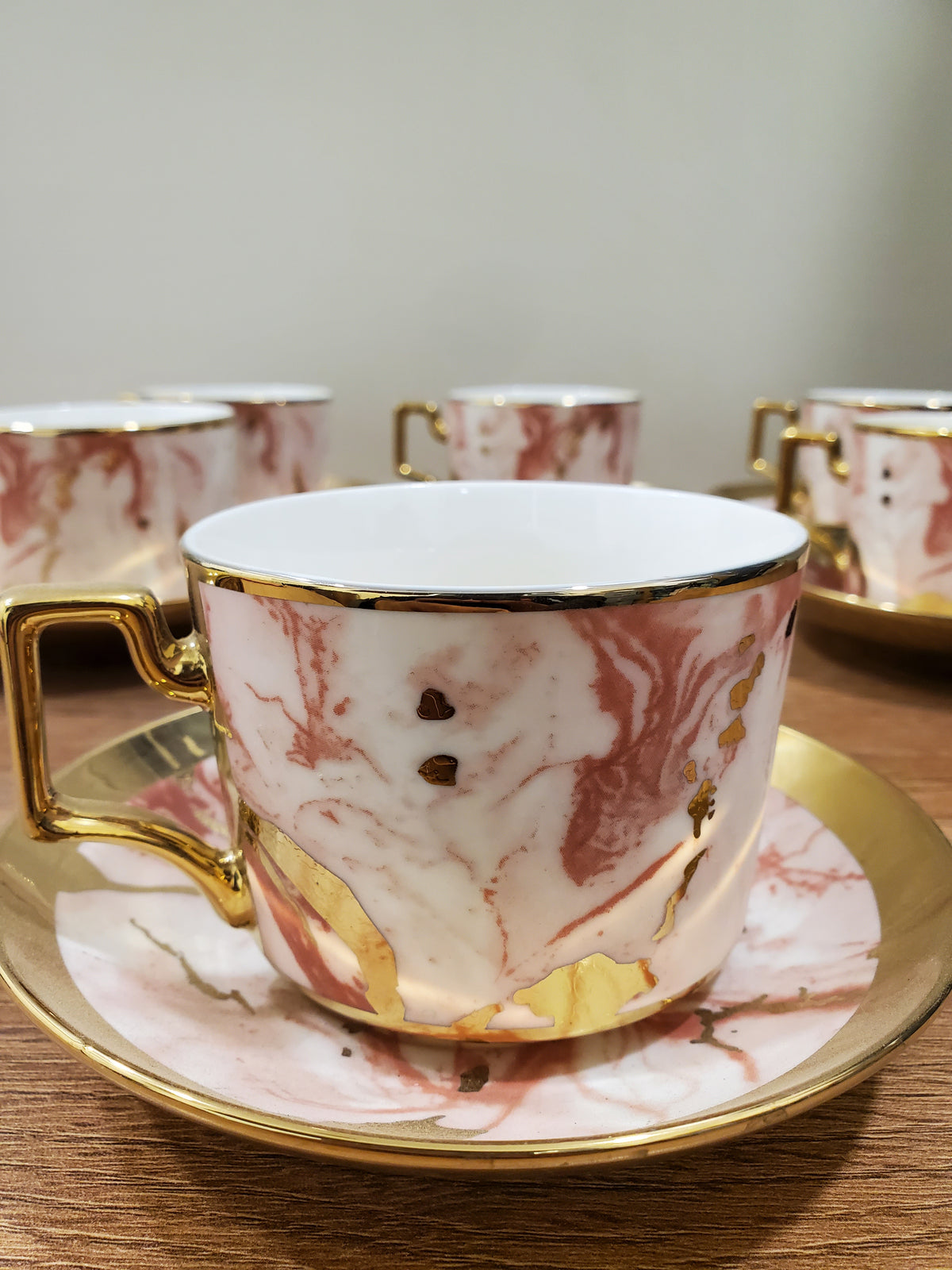 6-Piece Marble Ceramic Cup & Saucer Set Pink (10-8)