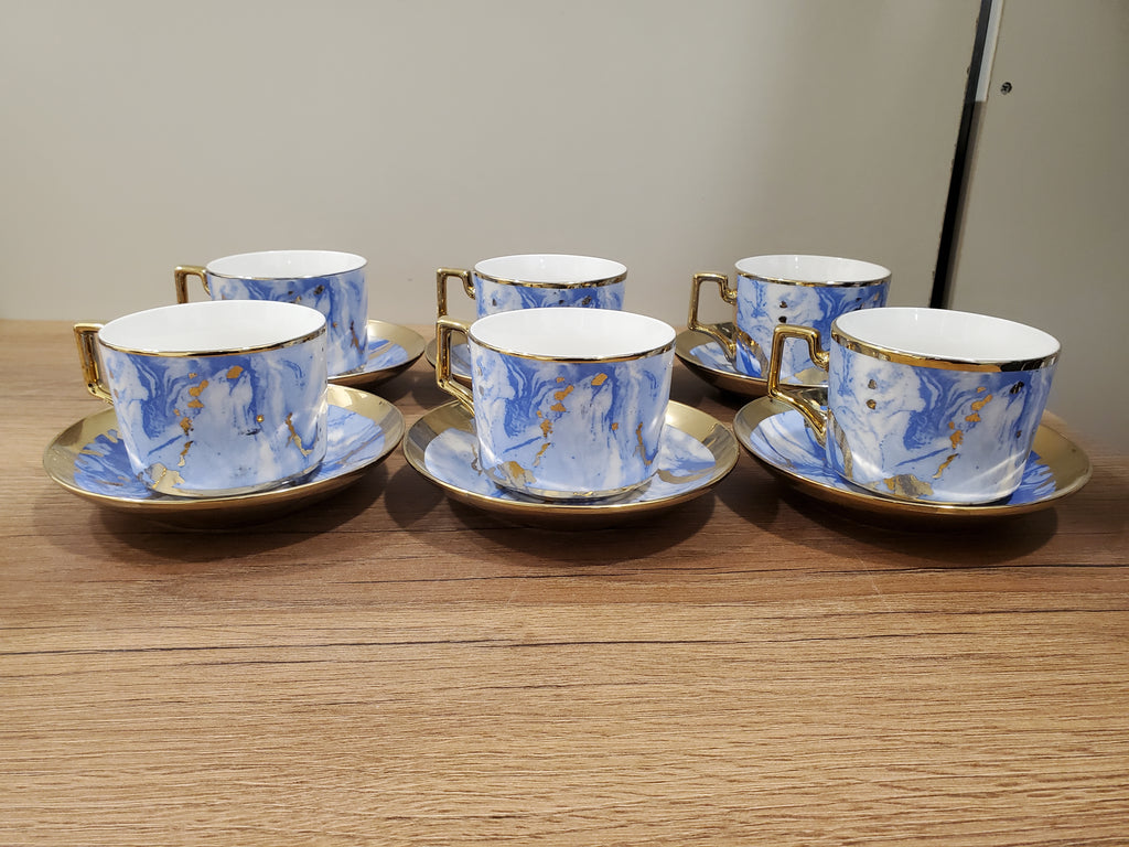 6-Piece Marble Ceramic Cup & Saucer Set Blue (10-6)