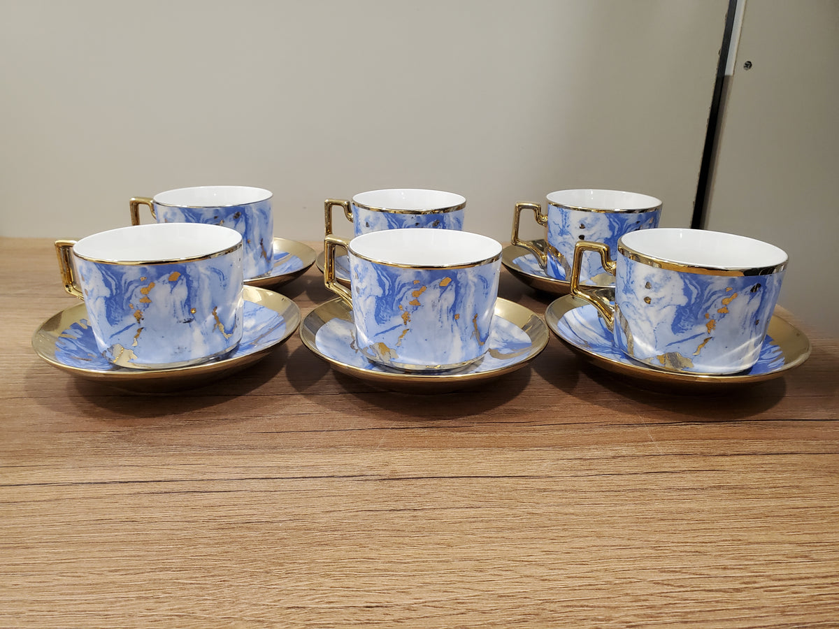 6-Piece Marble Ceramic Cup & Saucer Set Blue (10-6)