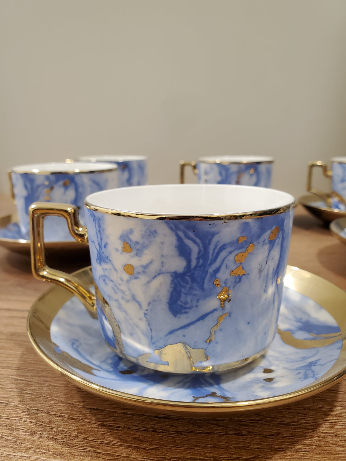 6-Piece Marble Ceramic Cup & Saucer Set Blue (10-6)