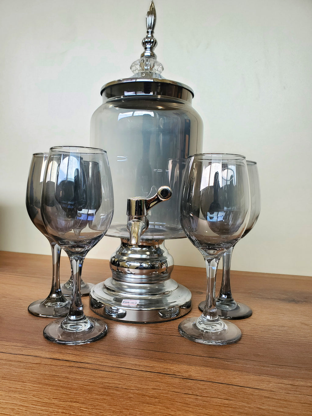 Luxury Smoke Grey Beverage Dispenser Set with 6 Goblets – 7 Pieces (XHG-003)