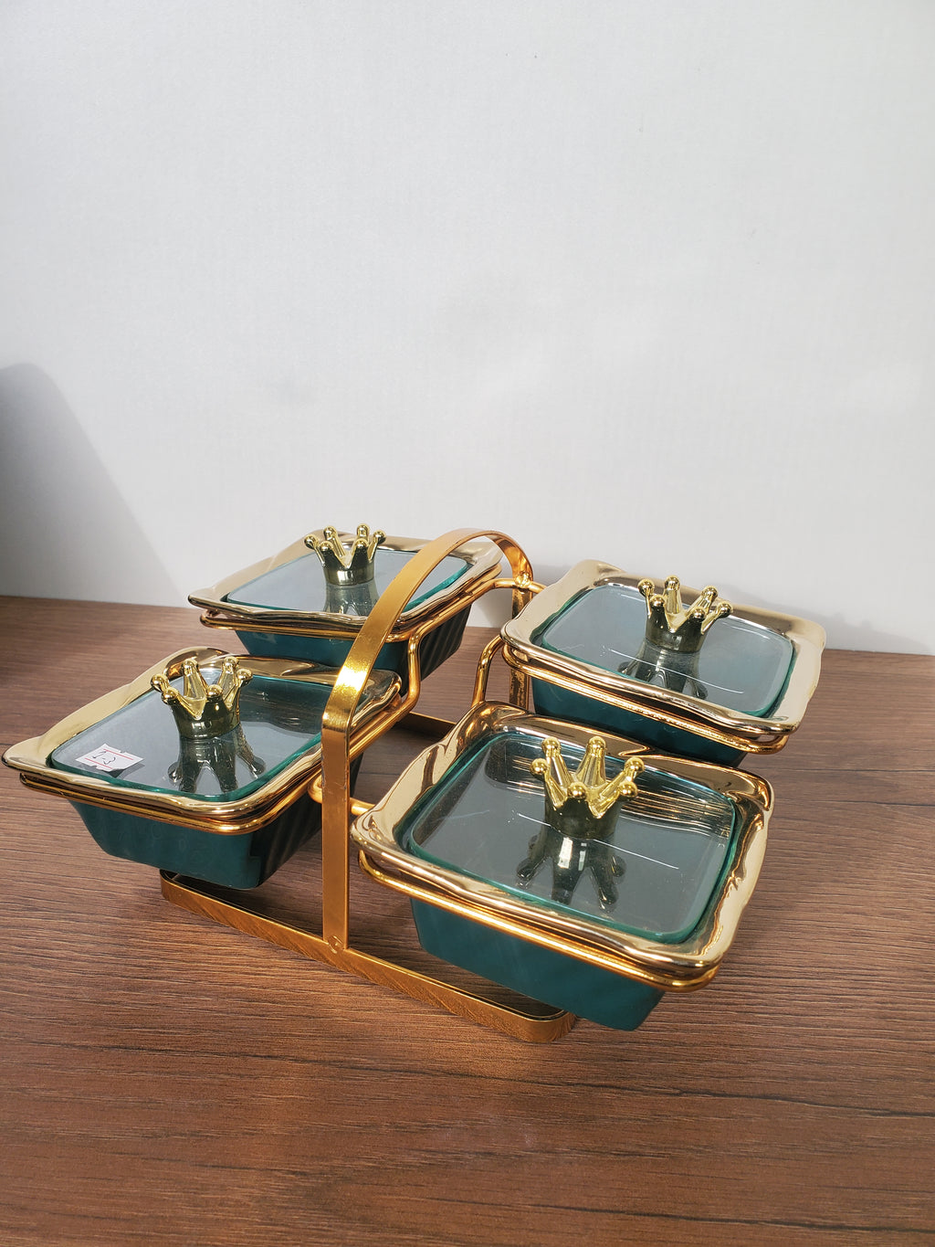 4-Section Square Ceramic Snack Serving Tray with Gold Stand (1-3)