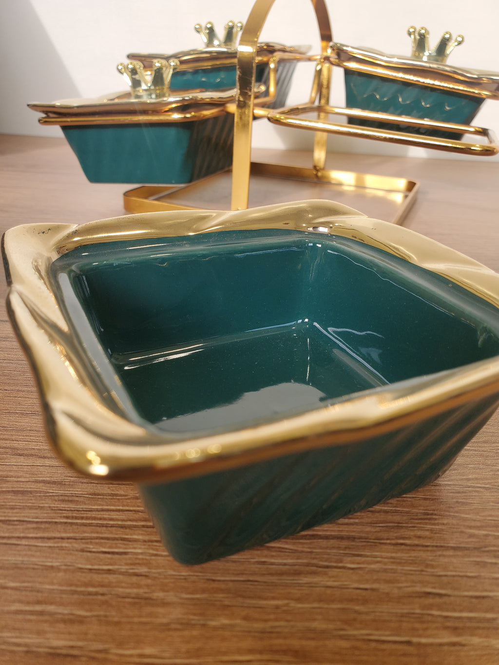 4-Section Square Ceramic Snack Serving Tray with Gold Stand (1-3)